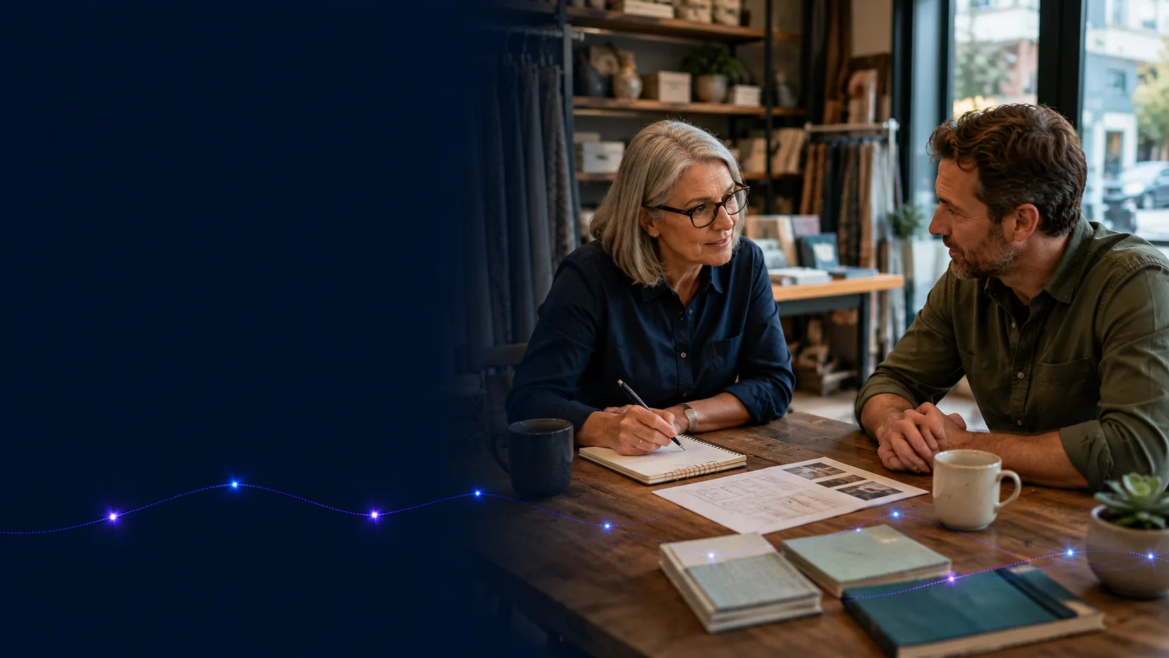 Business owner and adviser reviewing priorities and practical next actions in a working business setting