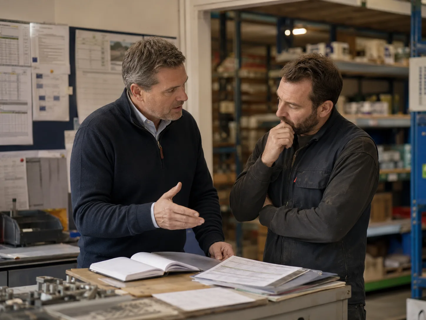 Two people discussing a practical operational issue in a working business setting.