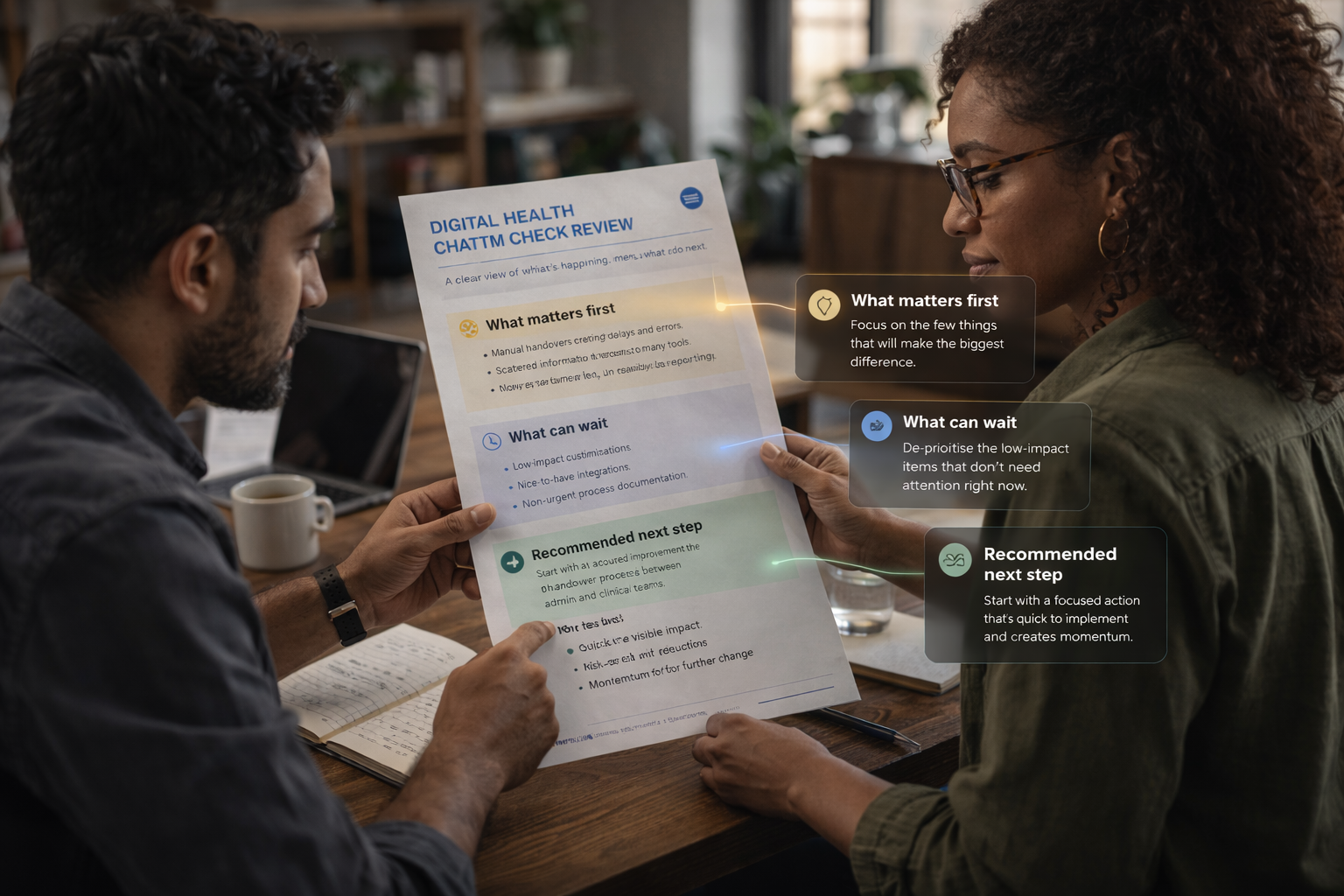 Someone reviewing a printed Digital Health Check report at a real desk; light callouts on the page highlight what matters first, what can wait, and the recommended next step.