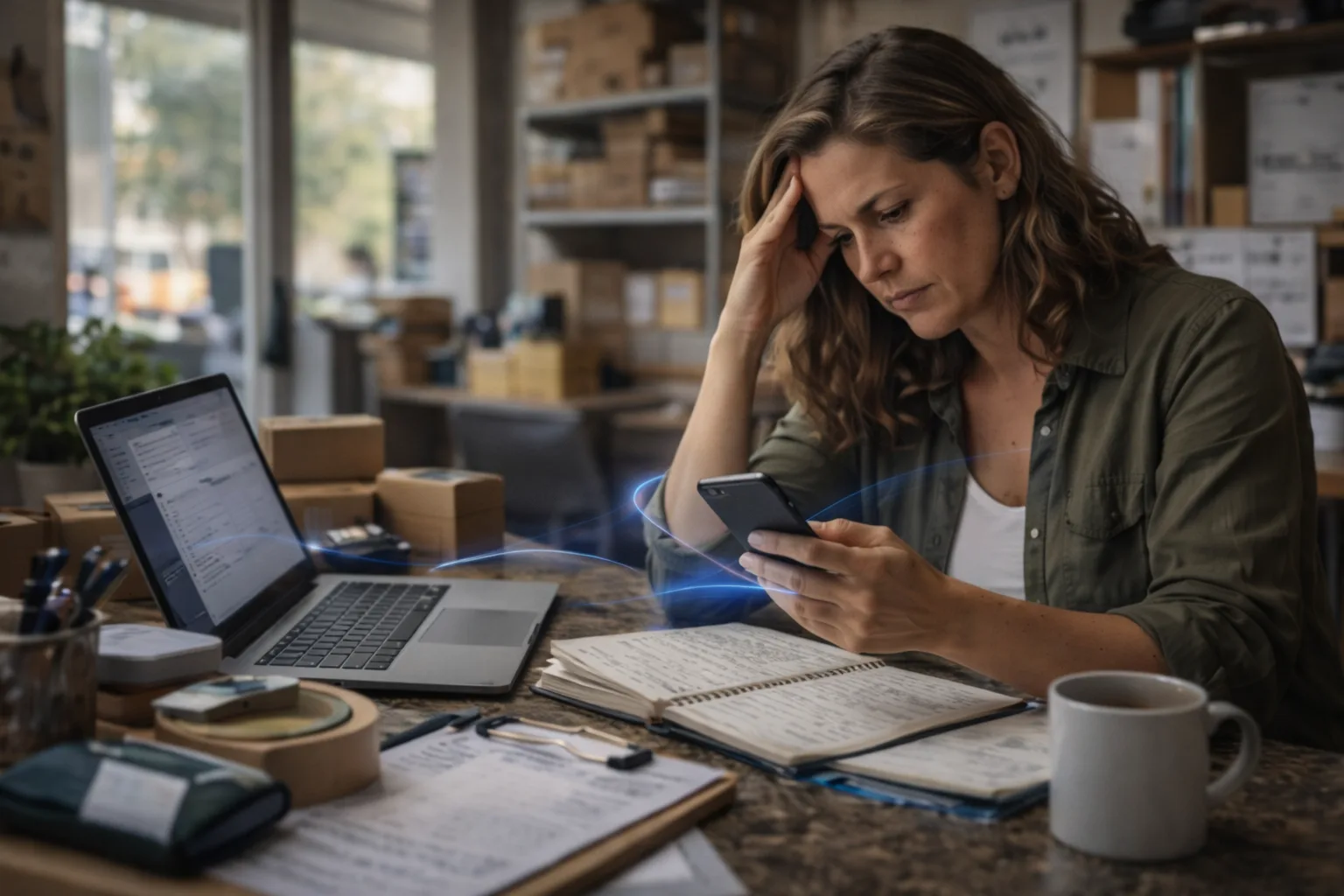 Owner-operator at a workspace with phone, notebook, and laptop; everyday pressure visible in a real working moment.
