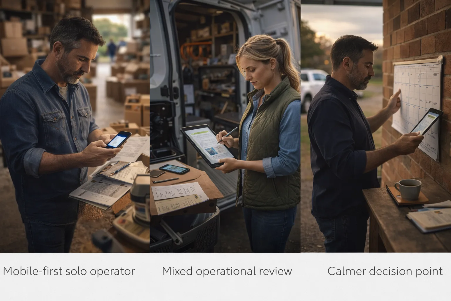 Three scenes: how enquiries, tools, and follow-through connect in real working environments, including owner-led settings.