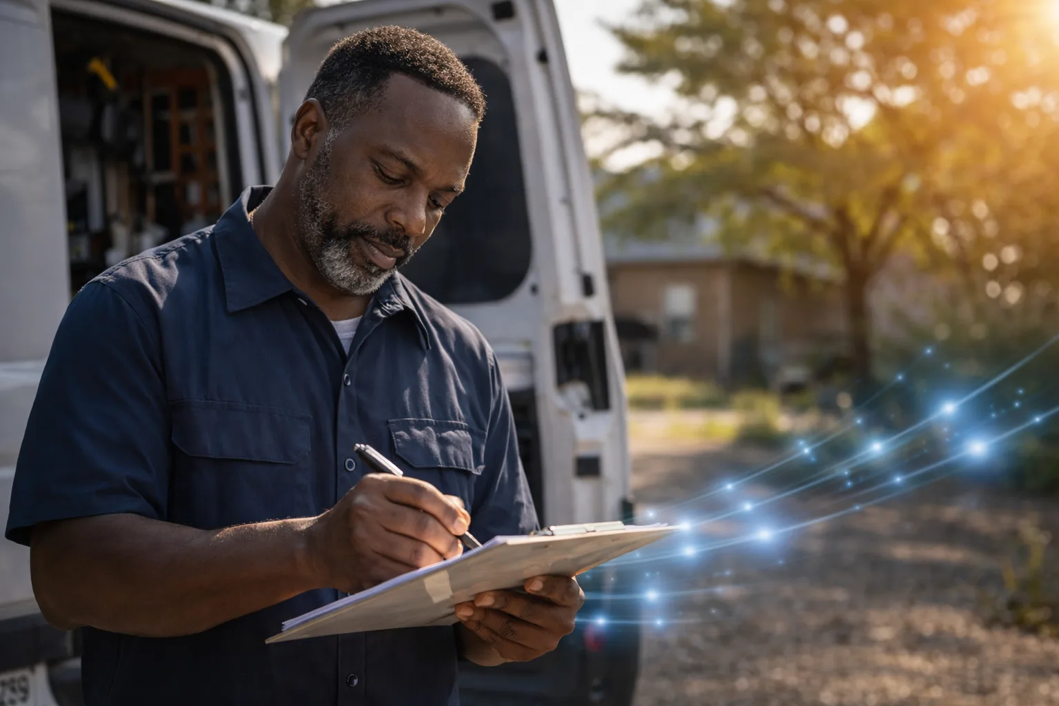 Business owner reviewing a practical work plan on site.