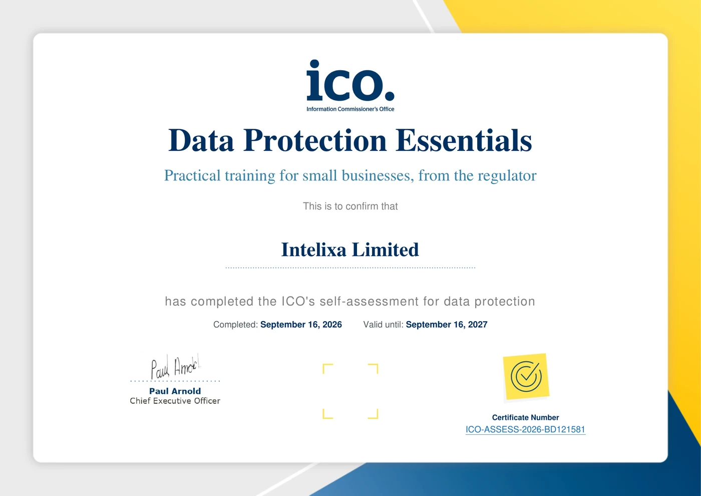 Intelixa Limited Data Protection Essentials certificate, completed 16 September 2026 and valid until 16 September 2027.