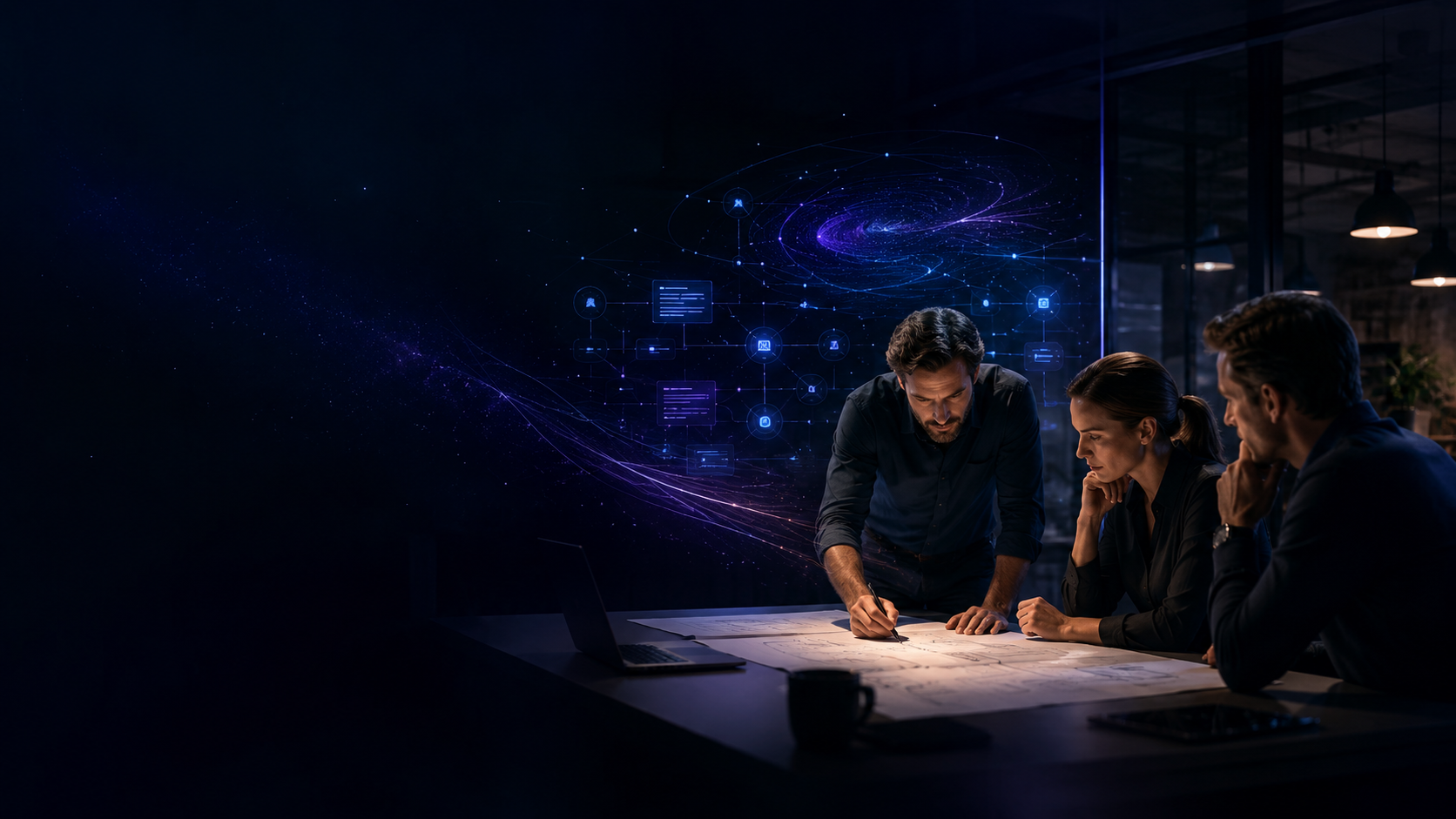 Commercial team reviewing business workflow plans and digital guidance in a dark Intelixa-style workspace