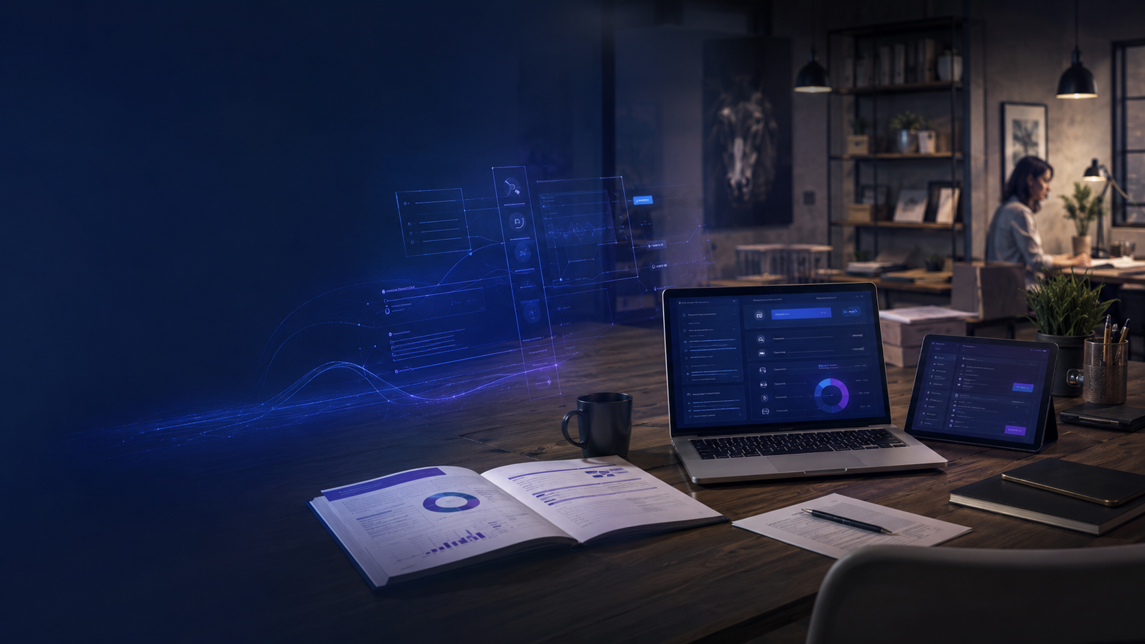 Calm digital workspace showing secure information handling, organised review documents and business systems oversight.