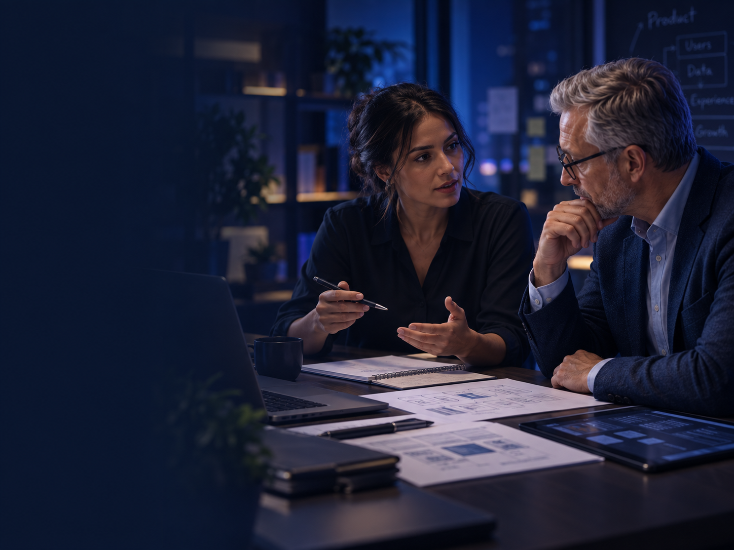 Two people discussing a product and technology plan over documents and a laptop