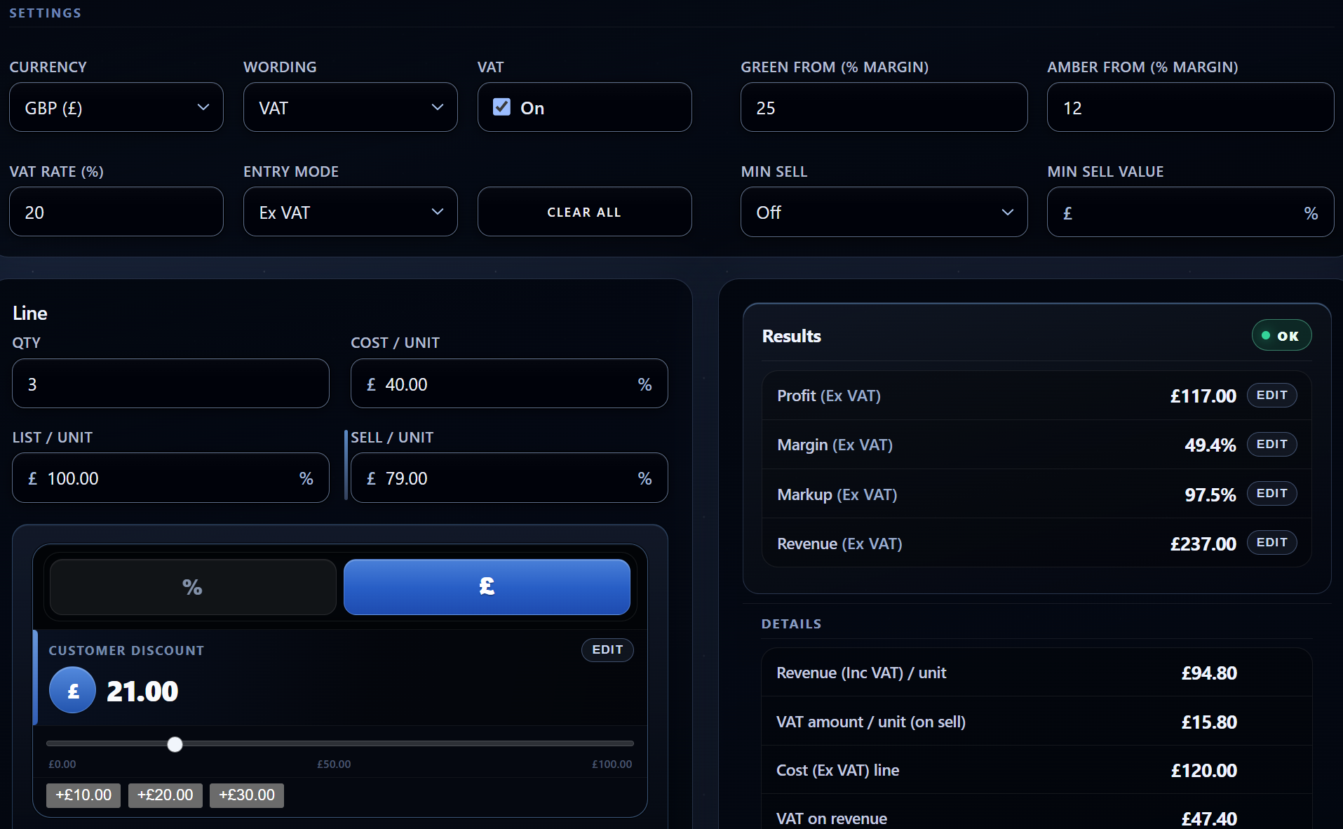 Quotelixa browser calculator with example results