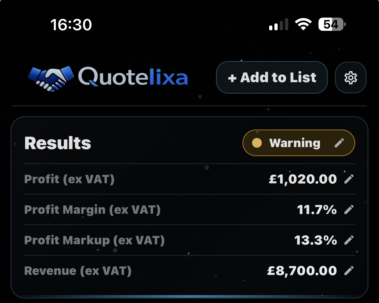 Quotelixa results panel shown on a phone screen