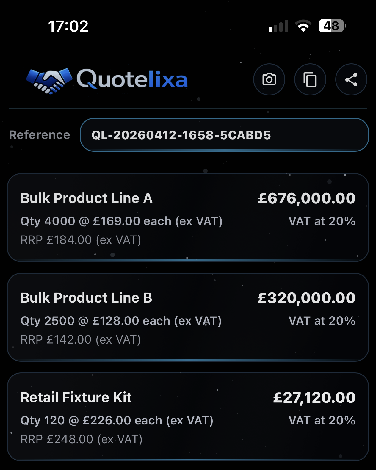 Quotelixa Customer workflow screen