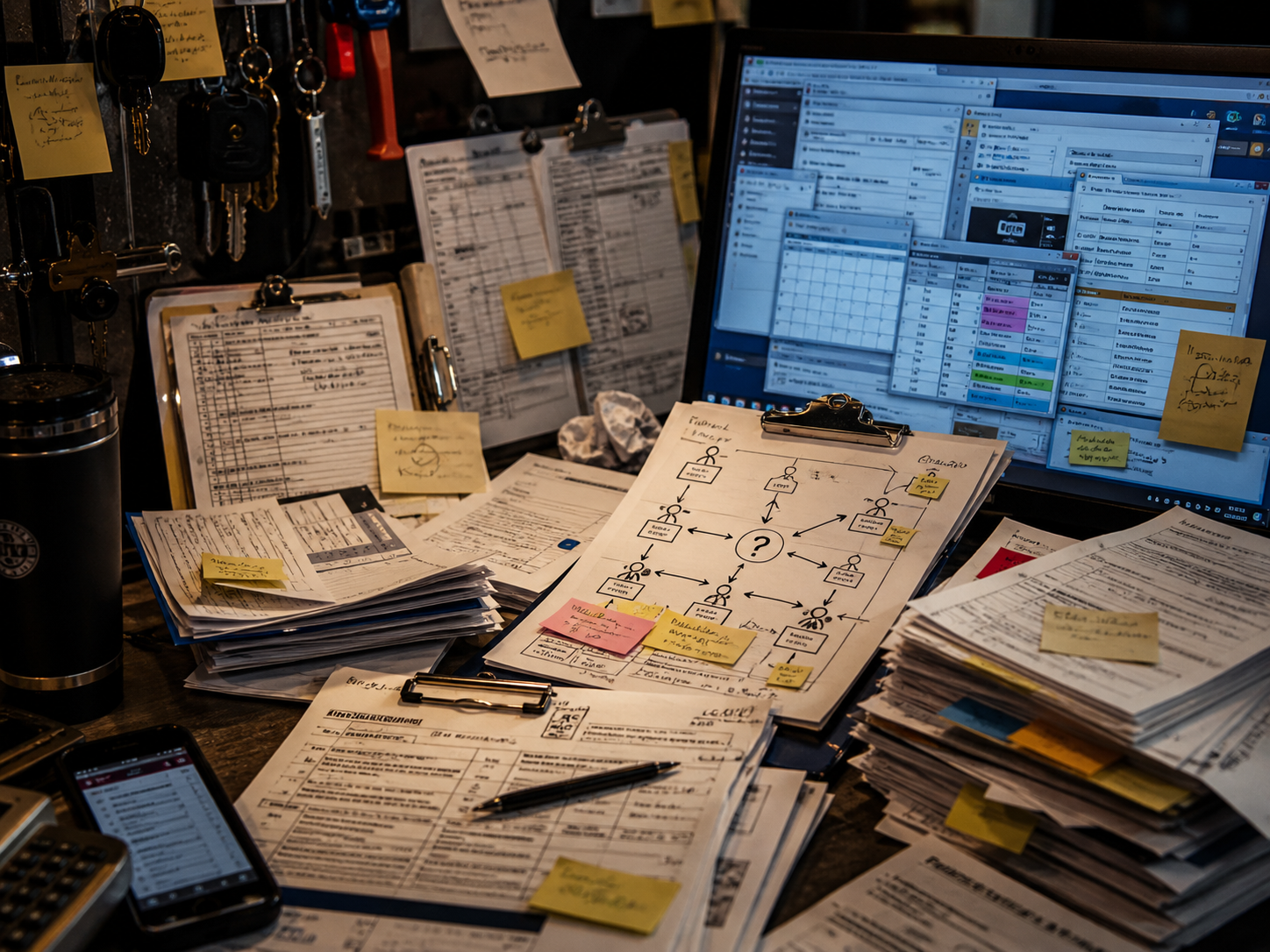 Cluttered admin workspace with overlapping systems, paperwork and disconnected process steps