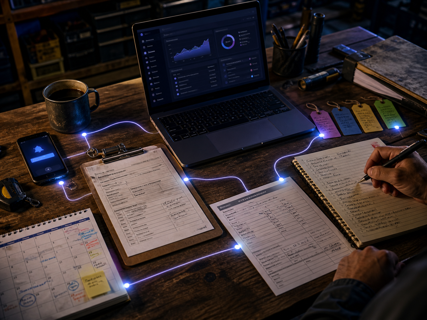 Operations workspace showing enquiries, notes, forms and follow-up activity connected across a working desk
