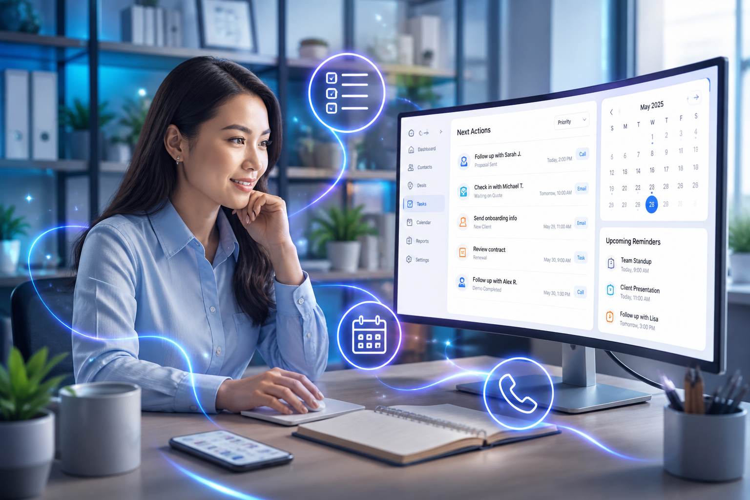 Team member managing follow-up tasks, reminders and next actions on a CRM screen