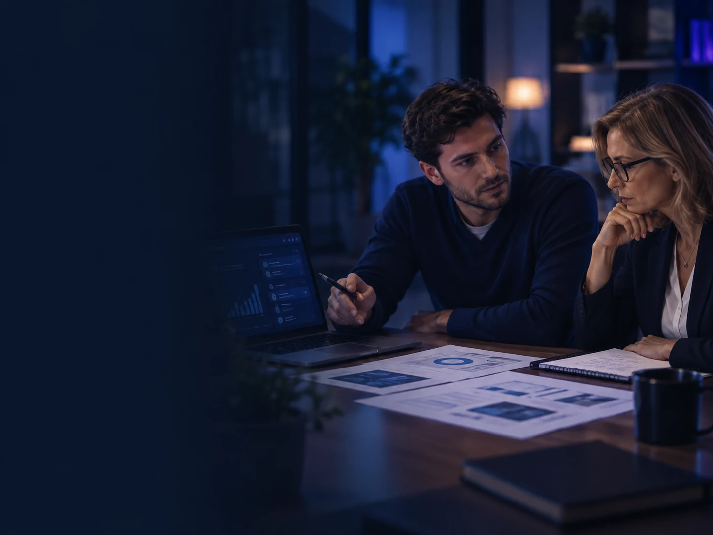 Two business people reviewing a website and digital follow-up workflow on a laptop.