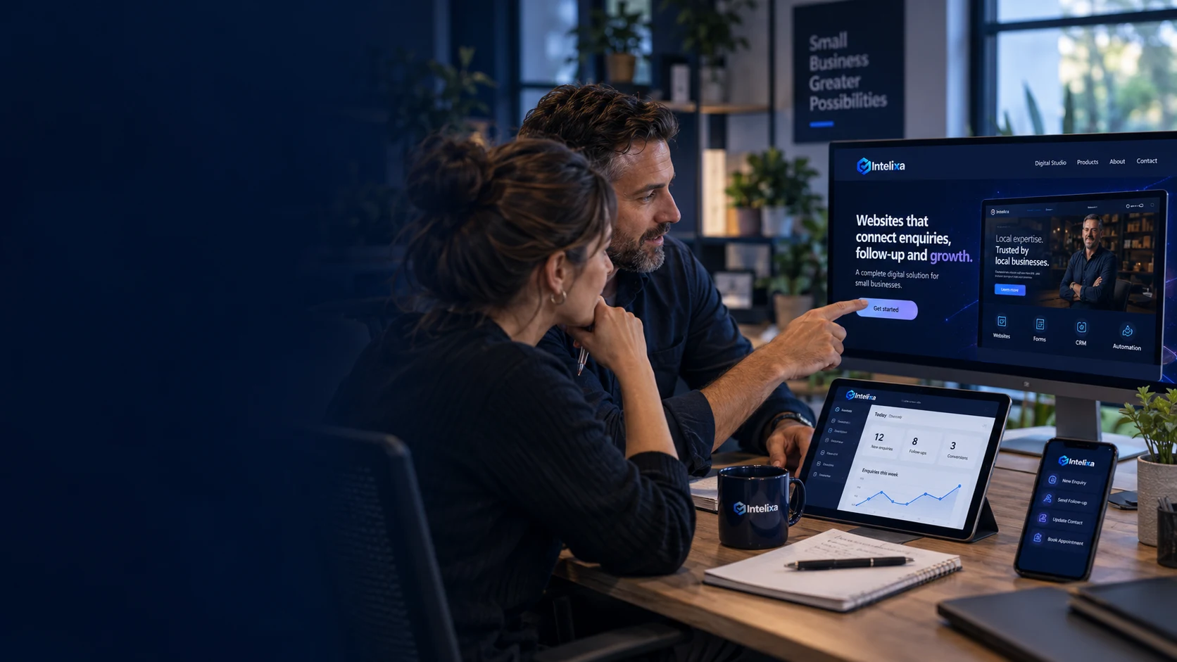 Small-business team reviewing an Intelixa website, enquiry workflow and connected digital tools on desktop, tablet and phone.