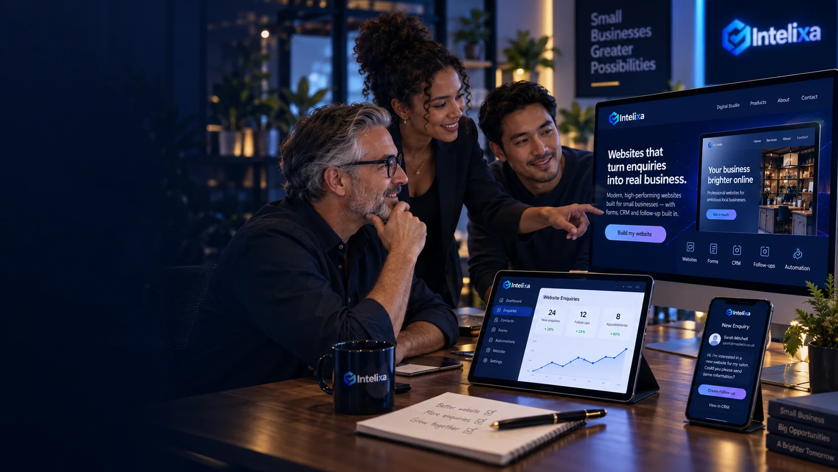 Small-business team reviewing a website build and connected enquiry tools with Intelixa.