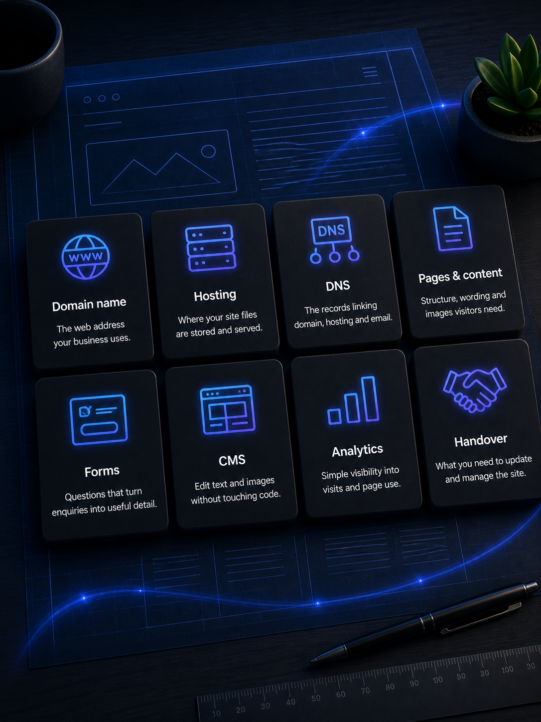Dark Intelixa-style workspace graphic showing key website build elements as labelled tiles over a website blueprint.