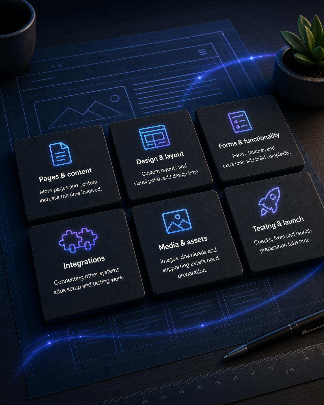 Dark Intelixa-style workspace graphic showing website build cost factors as labelled tiles over a website blueprint.