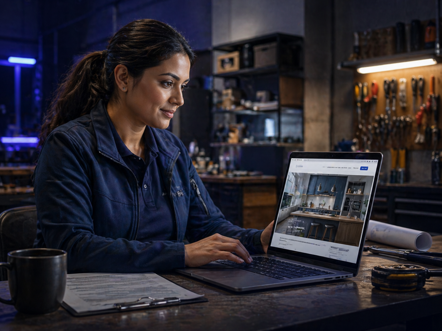 Business owner working with a website and digital tools in a workshop.